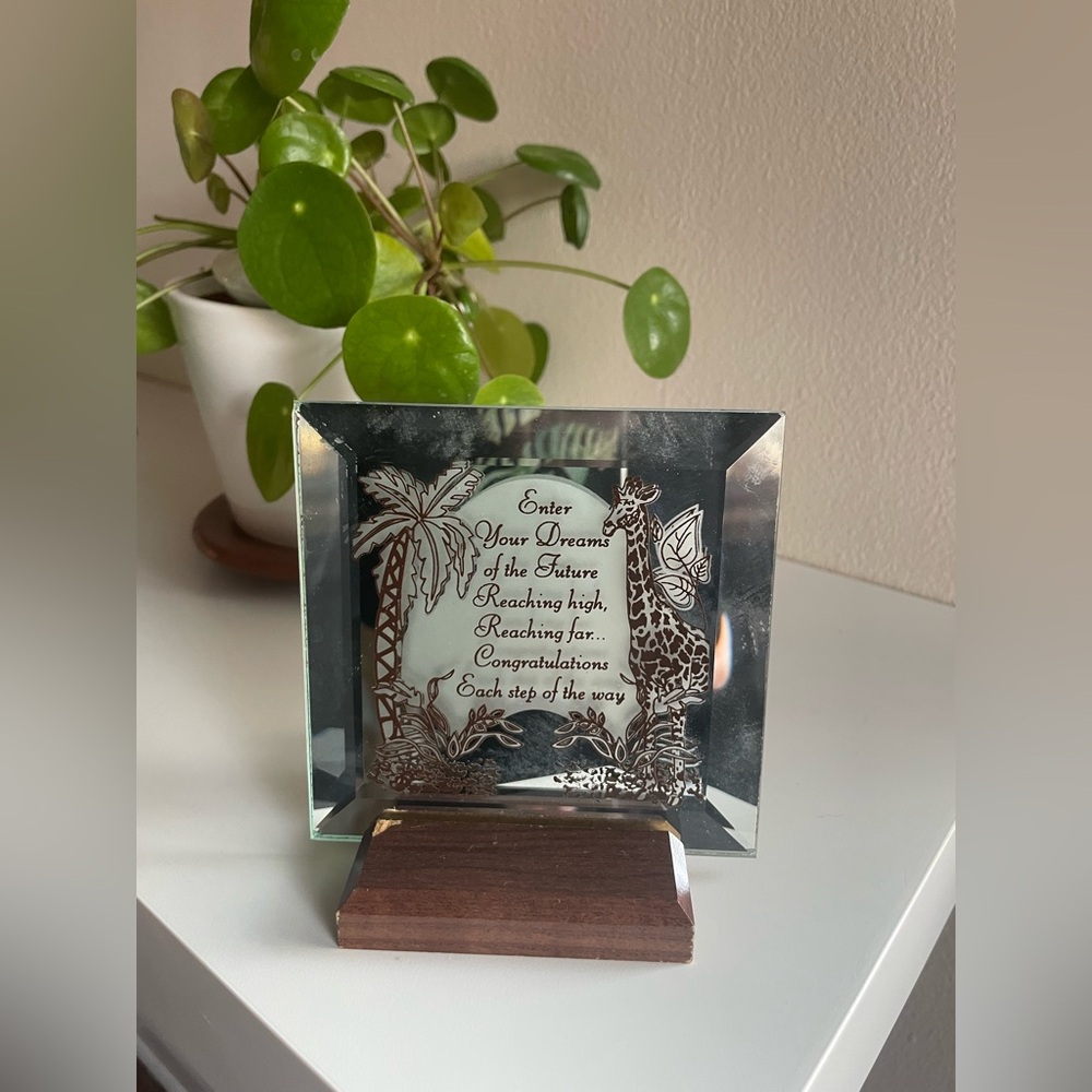 Vintage Glass Plaque with Wooden Base